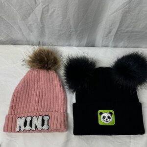 Pink Knit Beanie with Pom Pom and Black Beanie with Panda Patch